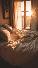 Illustration of a bedroom oasis bathed in the radiant glow of the golden hour sunset, with a warm, relax, comofortable ambience mood generative AI.