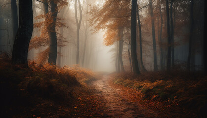 Autumn fog blankets spooky forest mystery scene generated by AI