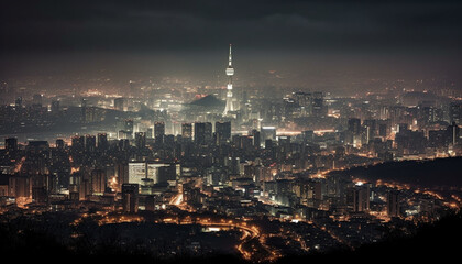 Fototapeta na wymiar Glowing city skyline at night, reflecting on water generated by AI