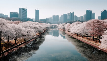 Cherry blossom tree reflects in city water generated by AI
