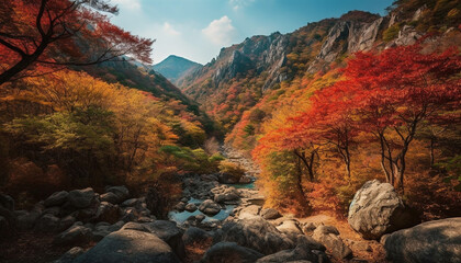 Vibrant autumn colors paint tranquil mountain landscape scene generated by AI