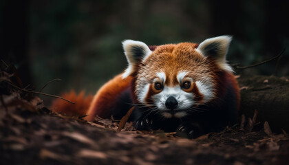 Obraz premium Fluffy red panda sitting on tree branch generated by AI