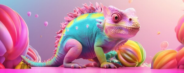 Camouflaged chameleon sitting on 3D clouds, pastel colors, panorama. Generative Ai.