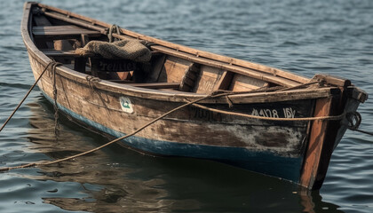 Wooden rowboat fastened to jetty, tranquil scene generated by AI
