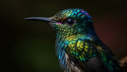 Obraz premium Multi colored hummingbird perching on green branch generated by AI