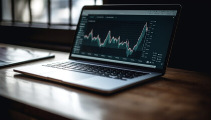 Wireless laptop on table displays financial growth generated by AI