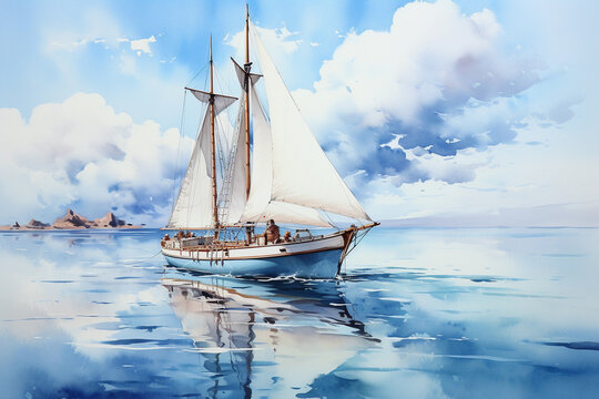 Sailboat Watercolor Pictures landscape. Generative AI