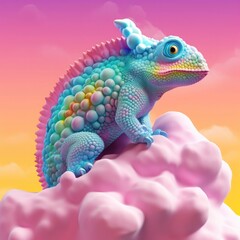 Fototapeta premium Camouflaged chameleon sitting on 3D clouds, pastel colors. Generative Ai.
