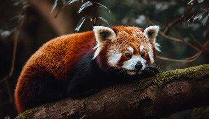 Obraz premium Red panda sitting on branch, staring ahead generated by AI