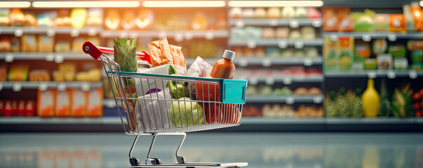 Shopping cart full of vegetables in the store. Generative AI