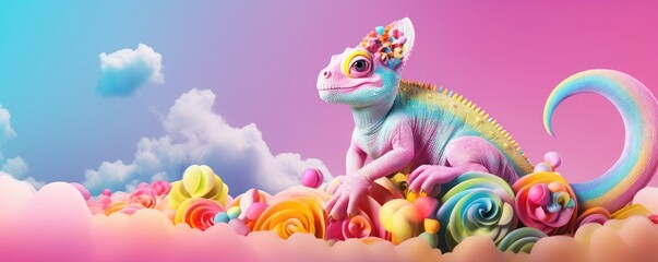 Camouflaged chameleon sitting on 3D clouds, pastel colors, panorama. Generative Ai.