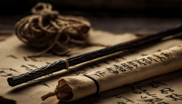 Chinese calligraphy on antique parchment, ancient script generated by AI