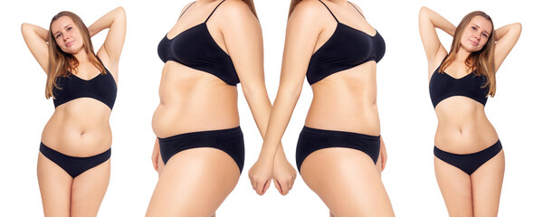 Collage of young woman before and after weight loss.