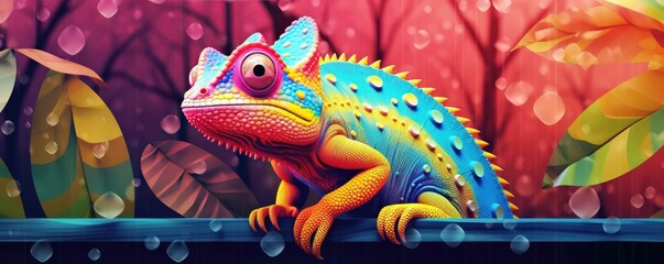 Obraz na płótnie Canvas Camouflaged chameleon sitting on tree, pastel colors, panorama. Generative Ai.