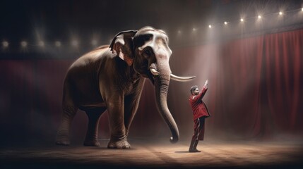 An animal trainer with a slan in the circus arena, an elephant shows various tricks in the circus arena. A tortured elephant with a trainer. Created in ai.