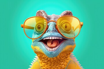 Portrait of smilling chameleon with sunglasses on blue background. Generative Ai.