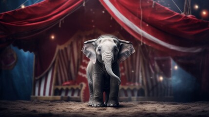 Fototapeta na wymiar A beautiful little elephant in the circus shows various tricks. Elephant in the circus arena, the majestic giant shows his beauty and power. Created in ai.