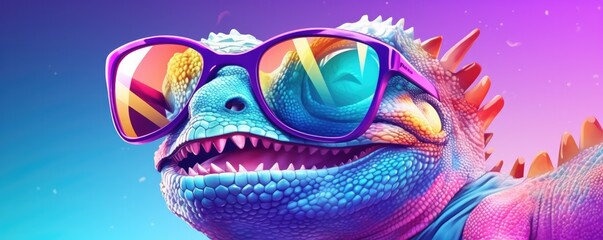 Portrait of smilling chameleon with sunglasses on purple background, panorama. Generative Ai.