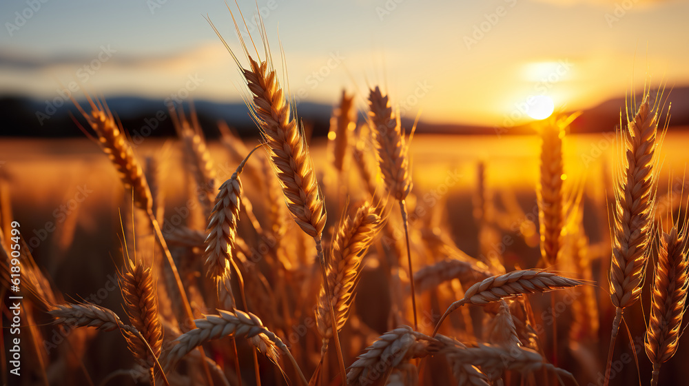 Poster a field of wheat with the sun setting in the background. generative ai.