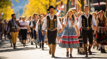 Naklejka premium Parade on occasion of Octoberfest - world's largest folk festival, held annually in Munich, Bavaria, Germany