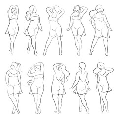 Collection.Beautiful woman silhouette in modern single line continuous style. The girl is overweight. The lady is standing. vector illustration set.