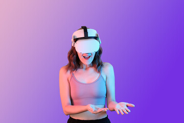 Women on VR technology for futuristic and metaverse and virtual reality future life. 