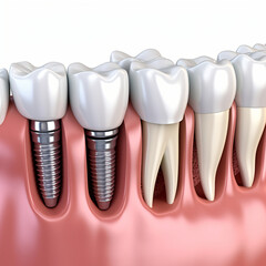 Dental implantation, teeth with implant screw, 3d illustration.