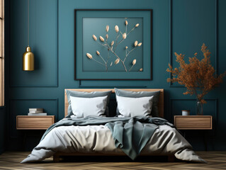Mockup Frame in dark blue bedroom interior background, Mockups Design 3D, High-quality Mockups, Generative Ai