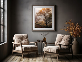 Mock-up frame in dark home interior with old armchair, Mockups Design 3D, High-quality Mockups, Generative Ai
