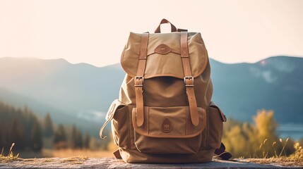 Travel backpack on a minimalistic background. Travel light, hiking Generative AI - obrazy, fototapety, plakaty