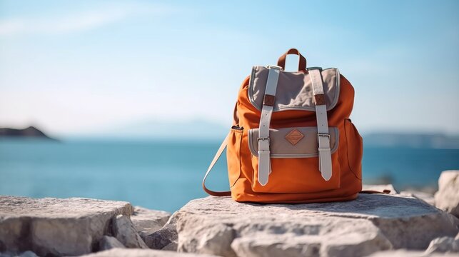 Travel backpack on a minimalistic background. Travel light, hiking Generative AI