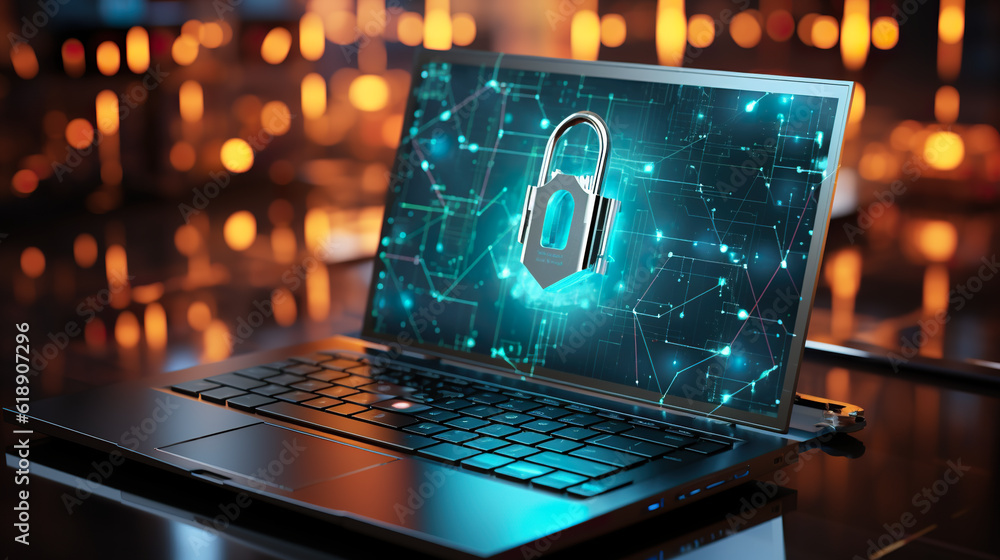 Poster cyber security concept. a laptop with a lock on the keyboard. generative ai image.