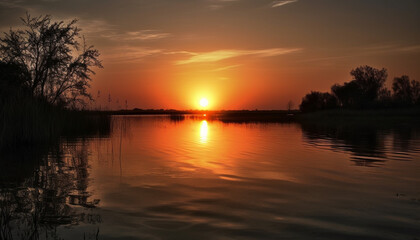 Fototapeta na wymiar Golden sun sets over tranquil water reflection generated by AI
