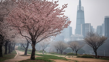 Obraz premium Pink cherry blossoms bloom in urban skyline landscape generated by AI