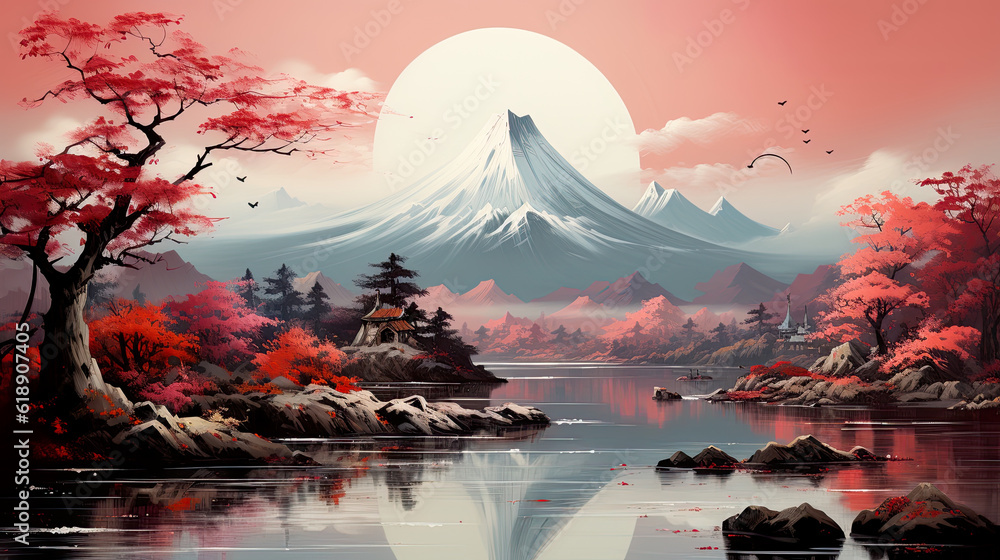 Poster a painting of a mountain with a lake in front of it. generative ai.
