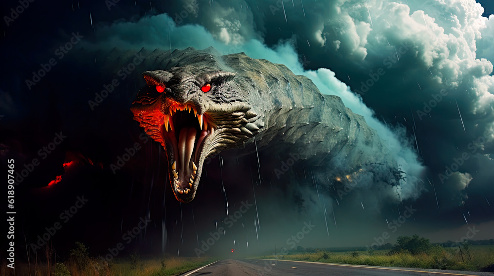 Poster a large dinosaur is in the middle of the road. generative ai.