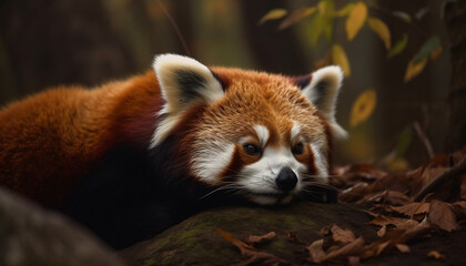 Obraz premium Fluffy red panda sitting in winter grass generated by AI
