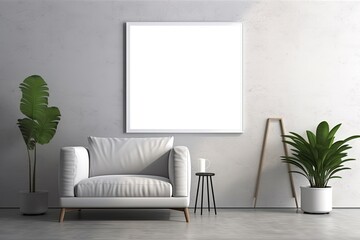 Mock up poster frame in minimalist black and white living room interior background, cement wall