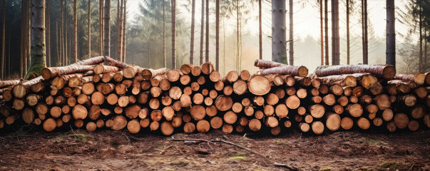 Naklejka premium Scots pine and spruce, oak trees. Pile of logs, lumbering industry. generative ai