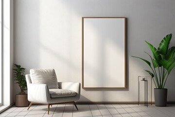 Mock up poster frame in minimalist black and white living room interior background, cement wall