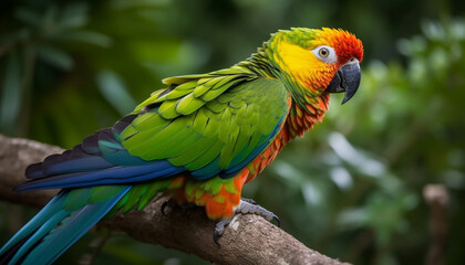 Obraz premium Vibrant macaw perched on branch in rainforest generated by AI