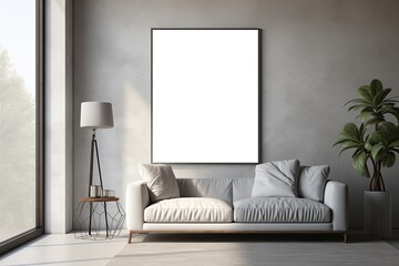 Mock up poster frame in minimalist black and white living room interior background, cement wall