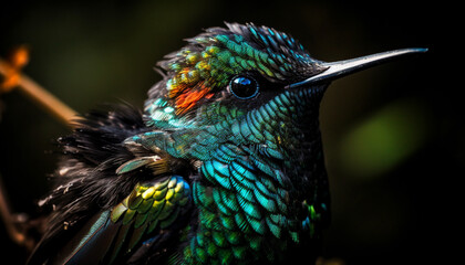 Obraz premium Iridescent hummingbird perching on green branch outdoors generated by AI