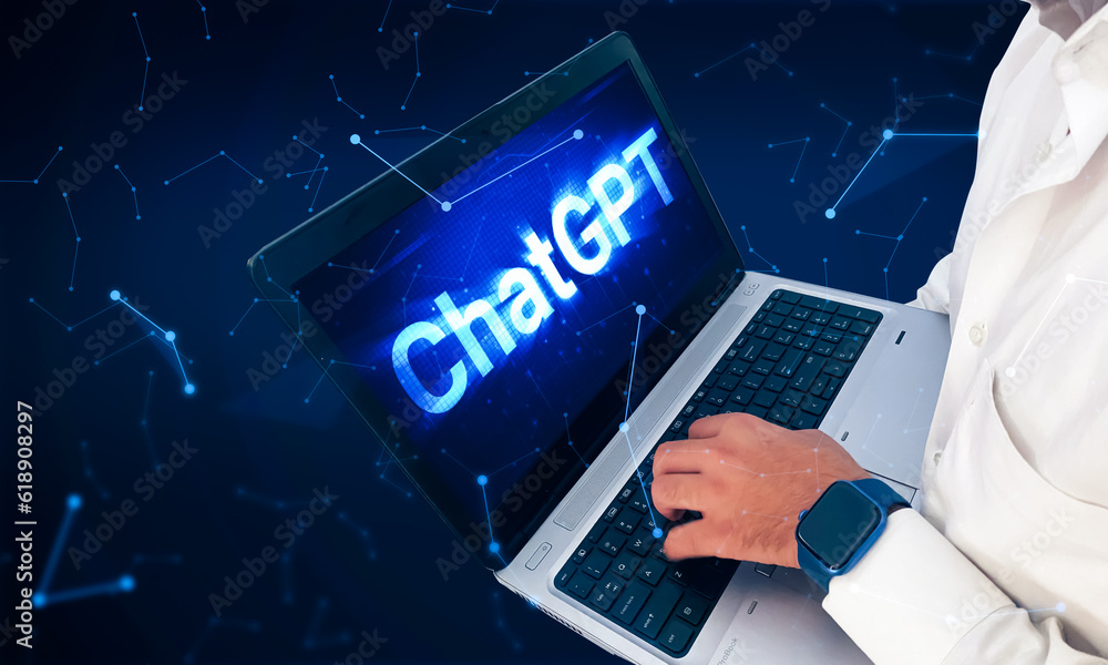 Poster man using chatbot on laptop with futuristic technology concept backdrop. person using online ai chat