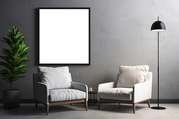 Mock up poster frame in minimalist black and white living room interior background, cement wall