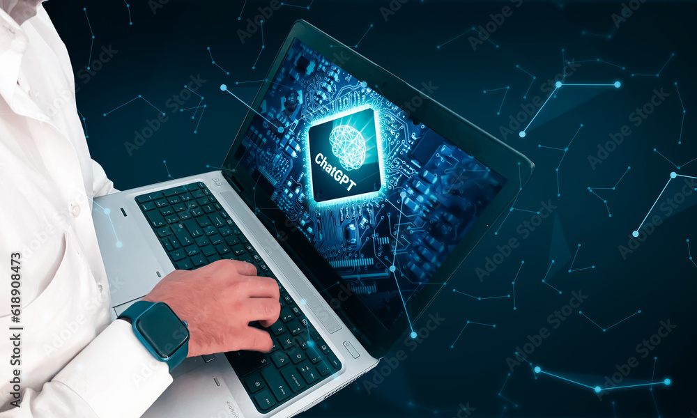 Poster person using artificial intelligence chatbot on laptop with technology and futuristic backdrop.