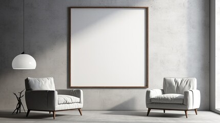 Mock up poster frame in minimalist black and white living room interior background, cement wall