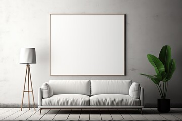 Fototapeta premium Mock up poster frame in minimalist black and white living room interior background, cement wall