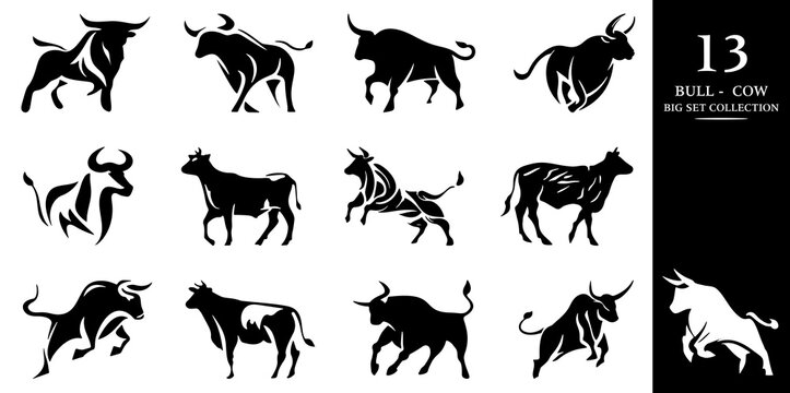 Bull and Cow set. Premium logo. Stylized silhouettes of bull and cow standing in different poses. Isolated on white background. Bull logo design set. Horned bull cow vector icon.