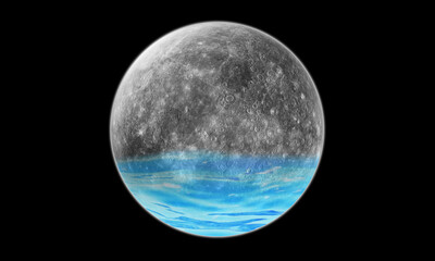 Water on Moon concept background 3d rendered design on black isolated backdrop. Water discovery on moon concept design